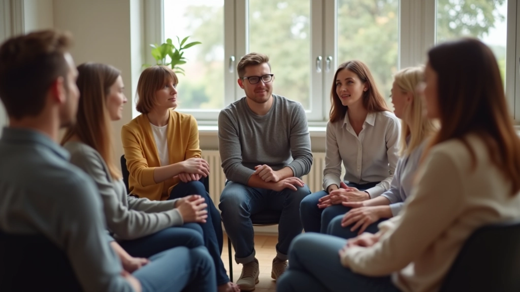 Įvairaus amžiaus žmonės sėdi apskritu ratu diskusijoje, išreikšdami emocijas ir entuzijazmą